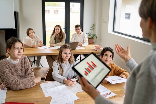 Students smiling in class as a teacher shows a bar chart on a tablet
